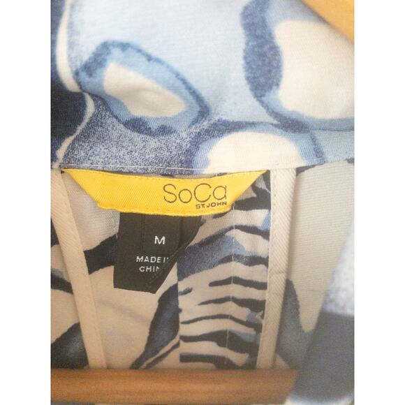 SoCa St. John Blue and White Stretch Silk Belted Jacket Medium - Picture 4 of 5